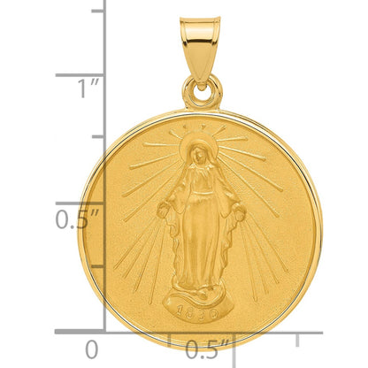 14K Yellow Gold Polished and Satin Solid Miraculous Medal Plain Back Round Pendant