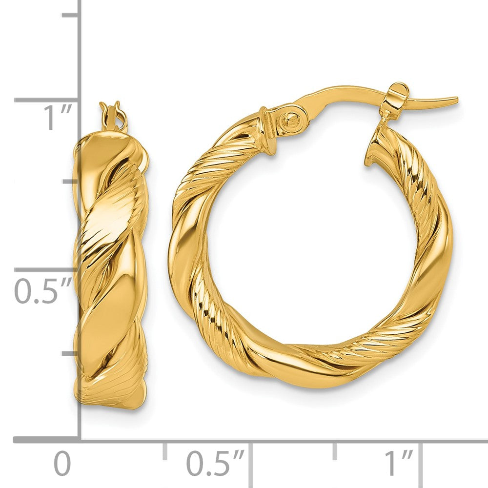 14K Yellow Gold Polished and Textured Twisted 5.00mm x 20mm Round Tube Hoop Earrings