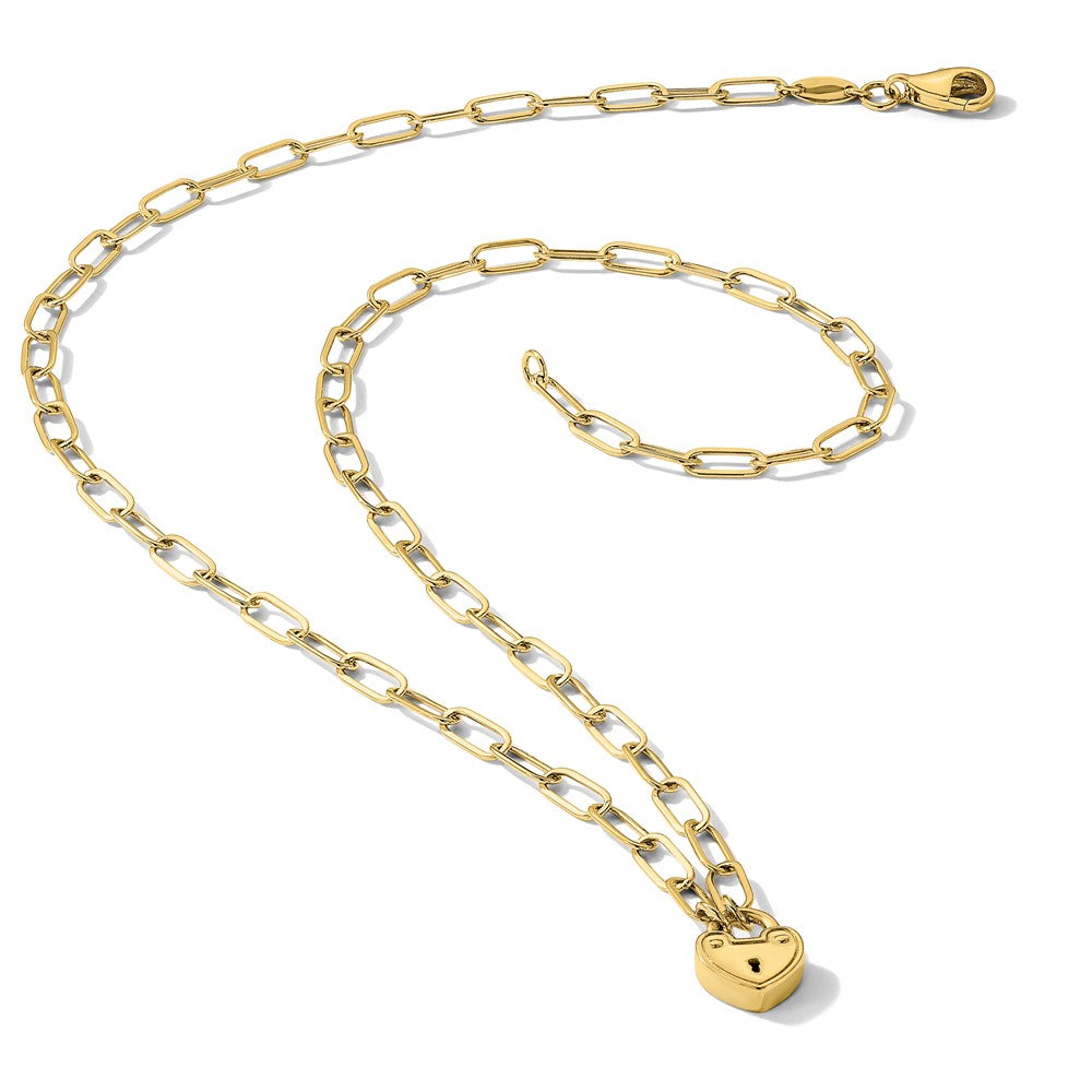 14K Yellow Gold Polished Heart Lock Charm Paperclip Link 17.25 Inch Necklace