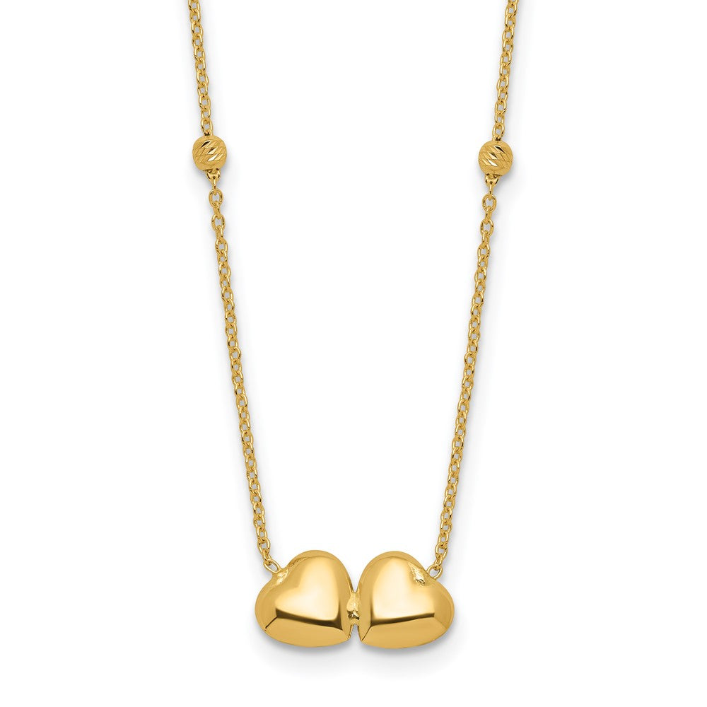 14K Yellow Gold Polished Double Heart with Diamond-cut Beads 16 Inch Necklace Plus 2 Inch Extender