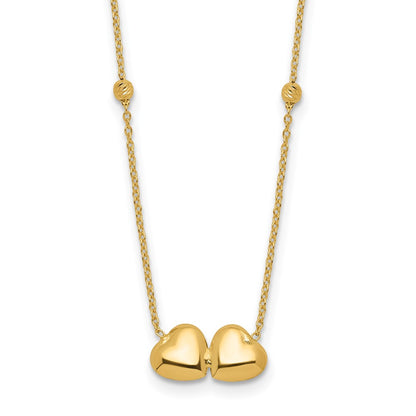 14K Yellow Gold Polished Double Heart with Diamond-cut Beads 16 Inch Necklace Plus 2 Inch Extender