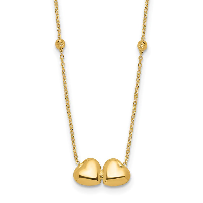 14K Yellow Gold Polished Double Heart with Diamond-cut Beads 16 Inch Necklace Plus 2 Inch Extender