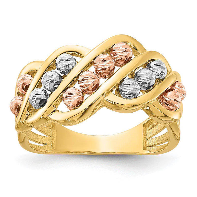 14K Tri-Color Gold Tri-color Polished and Diamond-cut Beads Fashion Ring