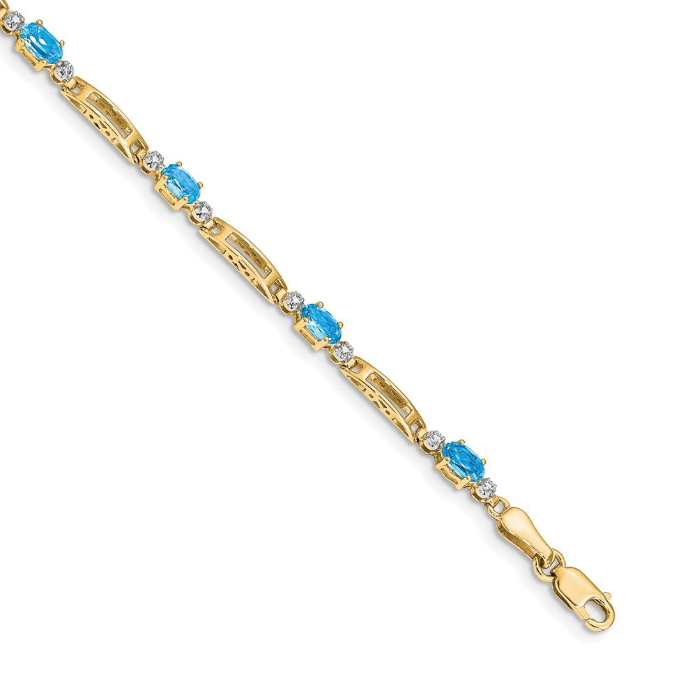 14K Yellow Gold Complete Diamond and Oval Swiss Blue Topaz Fancy Link 7 Inch Bracelet