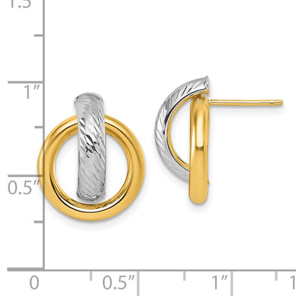 14K Yellow Gold and Rhodium Polished Diamond-cut Doorknocker Post Earrings