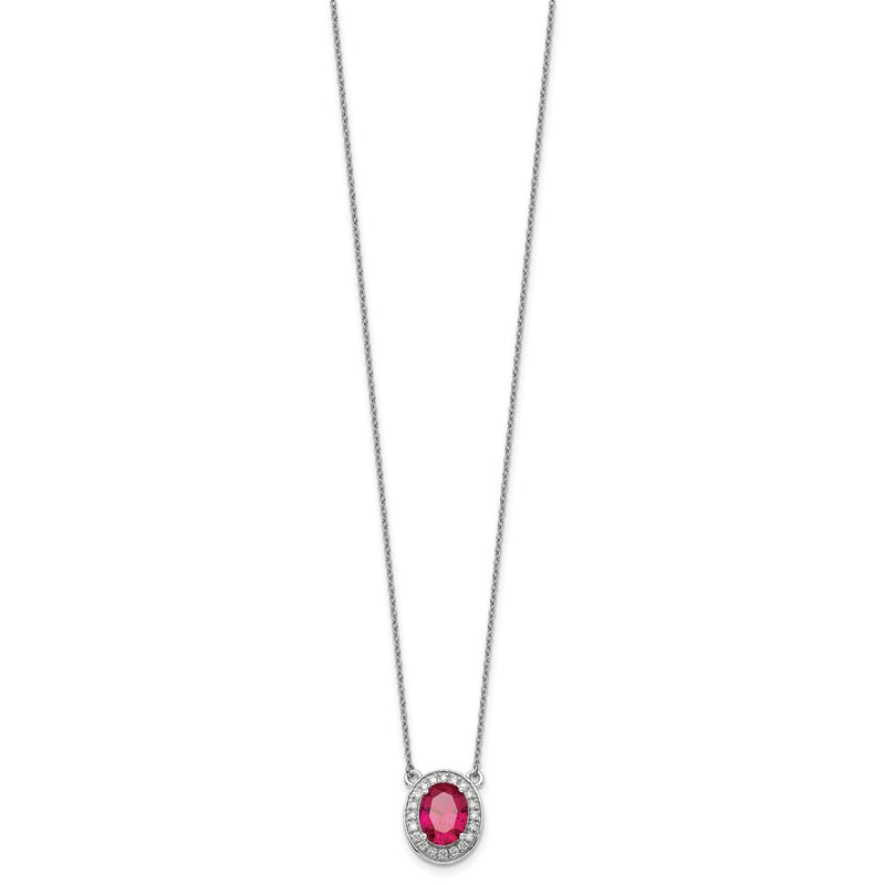 14K White Gold Diamond and 9x7mm Oval Ruby Halo 18 Inch Necklace