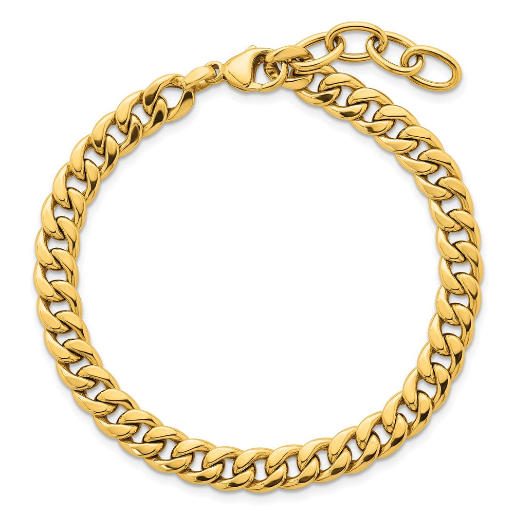 14K Yellow Gold Polished 6.5mm Flat Curb Chain Bracelet Plus Extender
