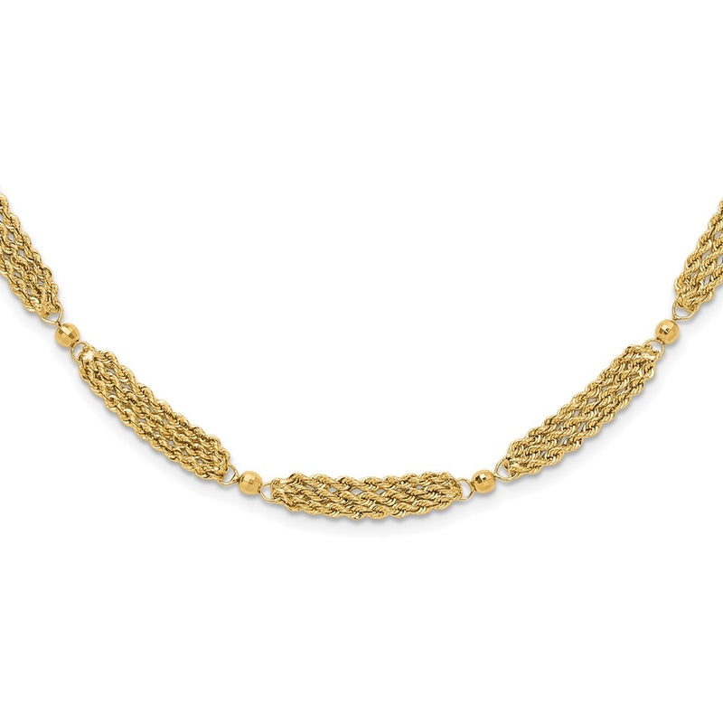 14K Yellow Gold Polished Multi-Strand Diamond-cut Rope and Beaded 18.25 Inch Necklace