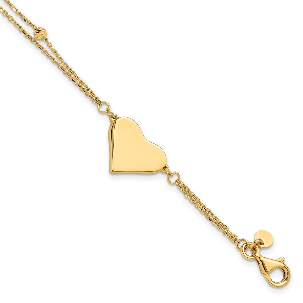 14K Yellow Gold Polished 11x18mm Heart and Diamond-cut Beaded 2-Strand Chain Bracelet