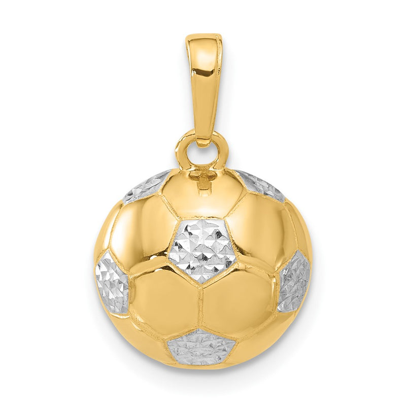 14K Yellow Gold and Rhodium Diamond-cut Domed Soccer Ball Pendant