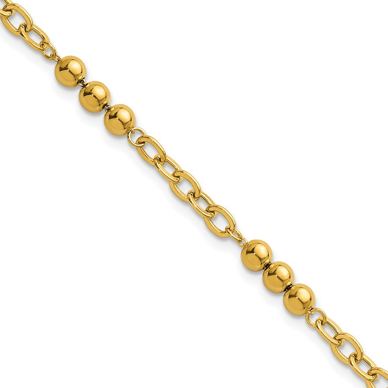14K Yellow Gold Polished 3.5mm Fancy Beaded and Cable Link 7.5 Inch Bracelet