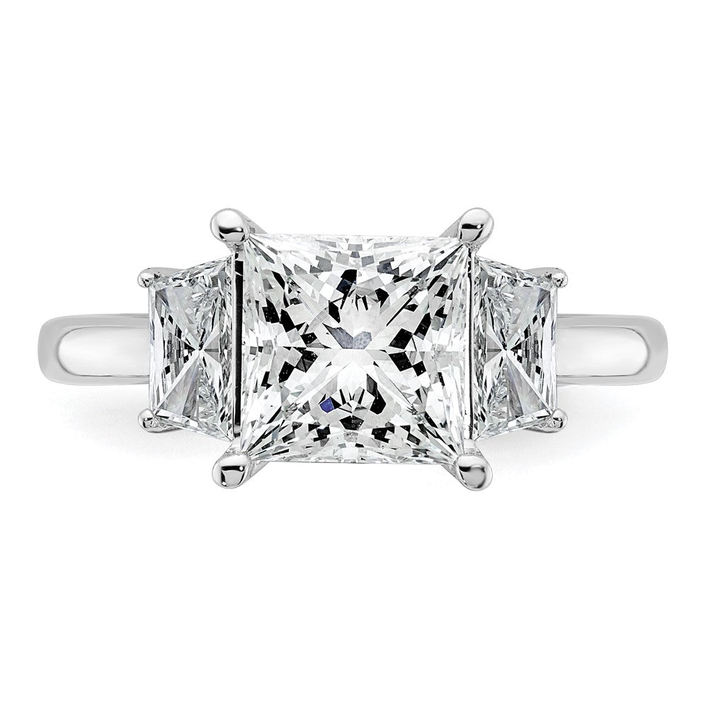 14K White Gold 3 1/3 carat Lab Grown Diamond VS+ F+ Princess and Trapezoid Complete Three Stone Engagement Ring