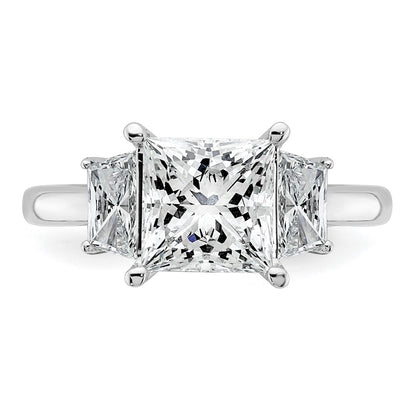 14K White Gold 3 1/3 carat Lab Grown Diamond VS+ F+ Princess and Trapezoid Complete Three Stone Engagement Ring