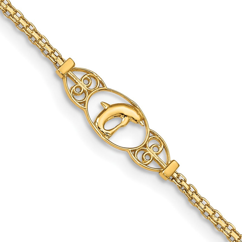 14K Yellow Gold Polished Dolphin and Filigree Bismark Chain Anklet