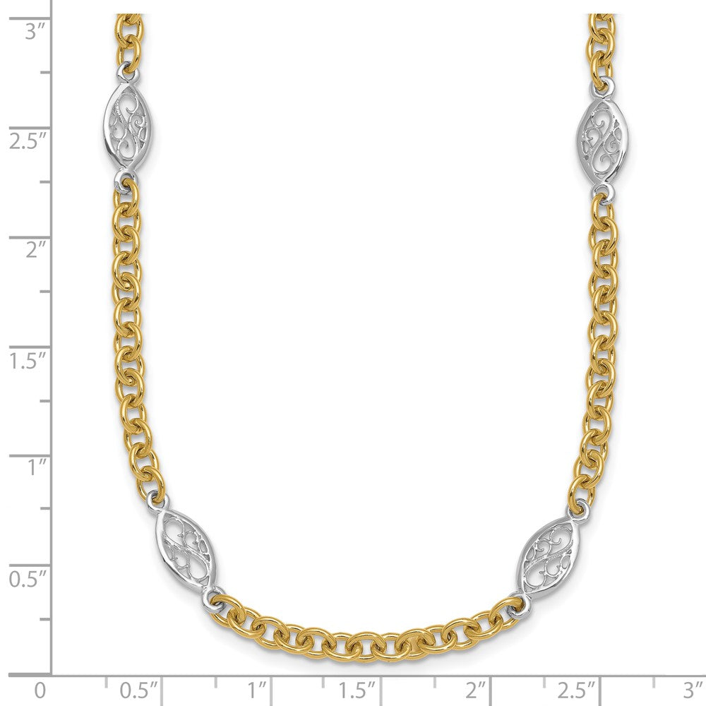14K Two-Tone Gold Two-tone Polished 6.5mm Fancy Cable Chain and Filigree Oval 18 Inch Necklace