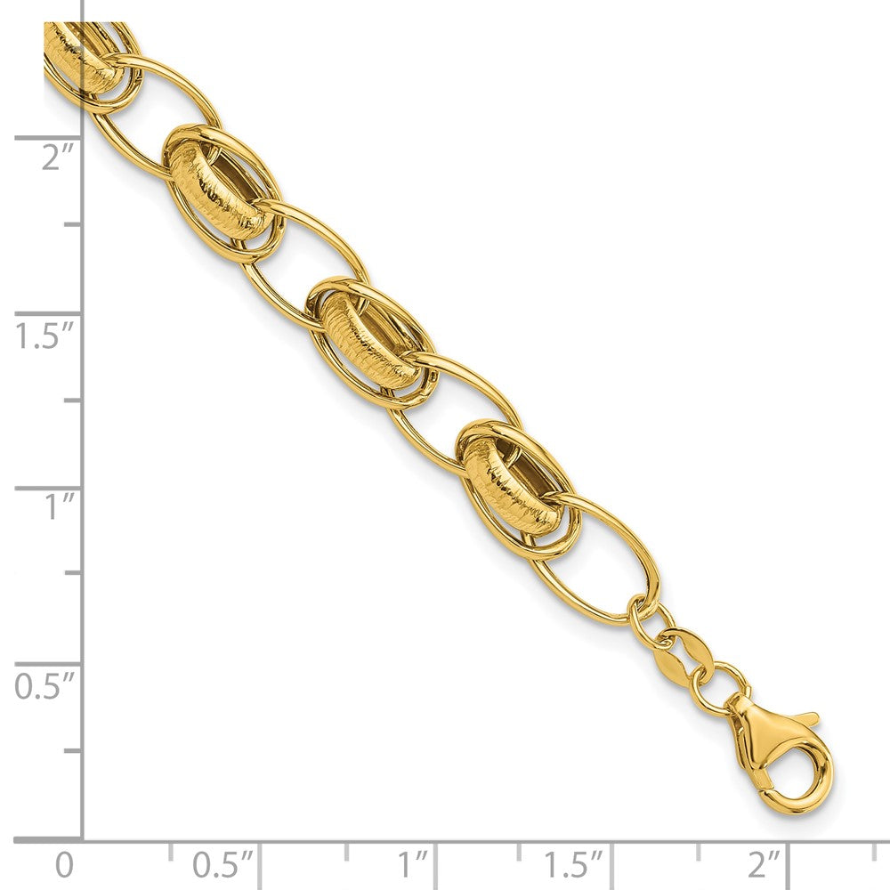 14K Yellow Gold Polished and Textured 7mm Fancy Link 7.5 Inch Bracelet