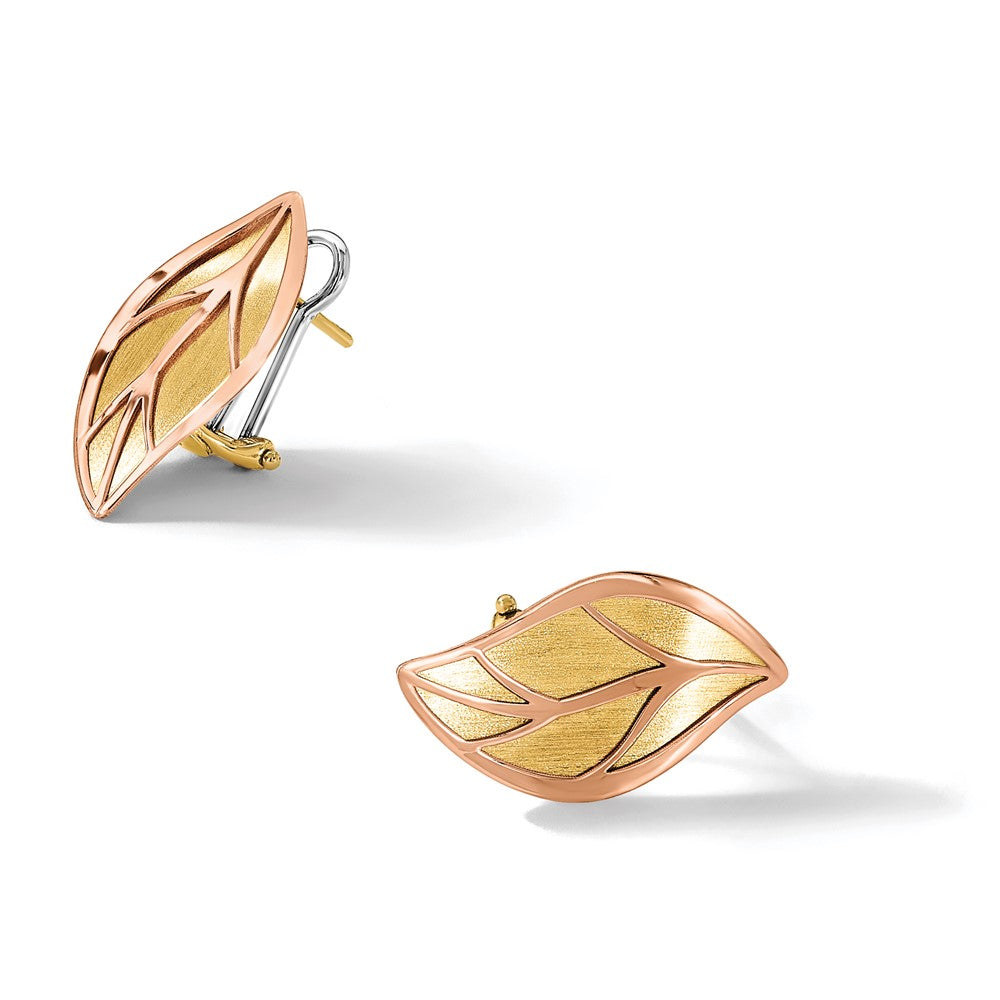 14K Two-Tone Gold Two-tone and Polished and Brushed Leaf Omega Back Post Earrings