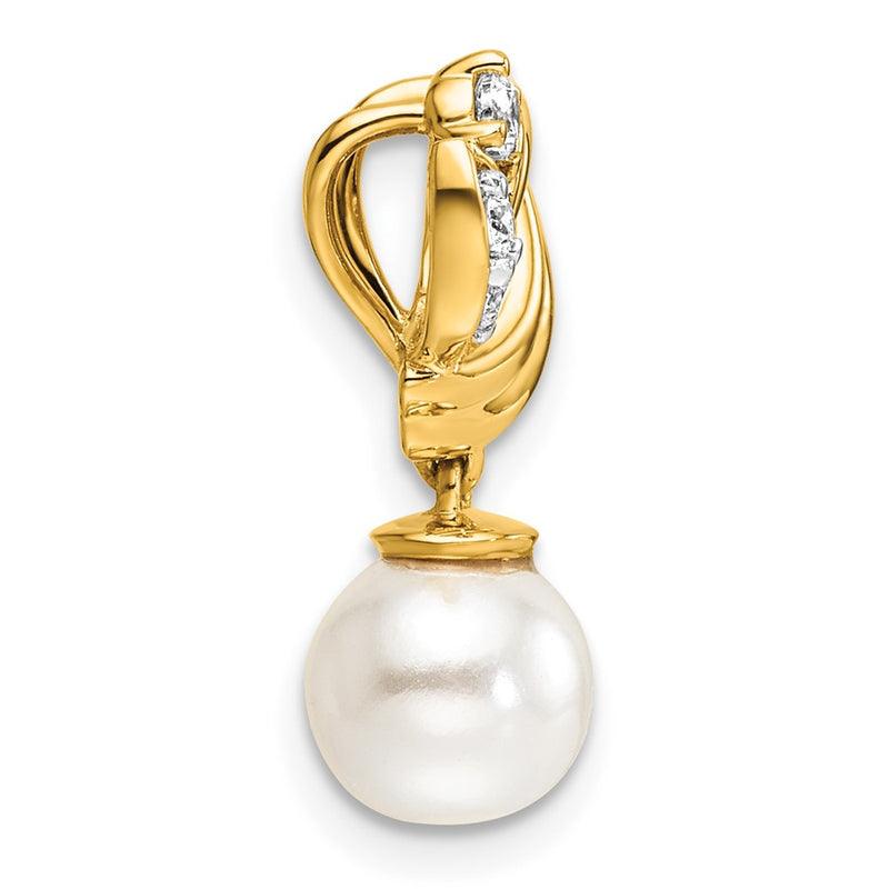14K Yellow Gold Polished 1/10 carat Diamond and Freshwater Cultured Pearl Chain Slide