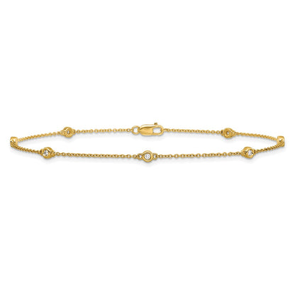14K Yellow Gold Complete 1/8 carat Bezel-set Diamond and Cable Chain 7-Station 9 Inch Anklet