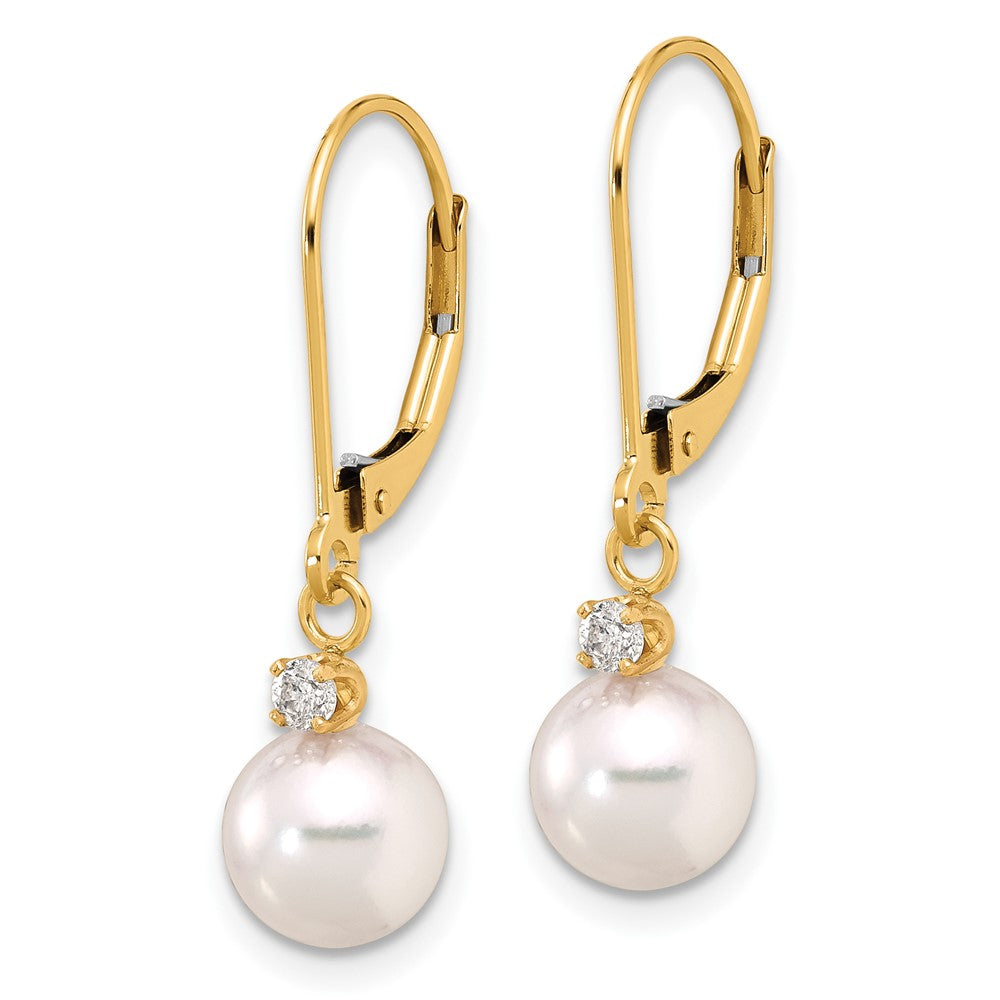 14K Yellow Gold 7-8mm Round Akoya Saltwater Cultured Pearl and .10 Carat Diamond Dangle Leverback Earrings