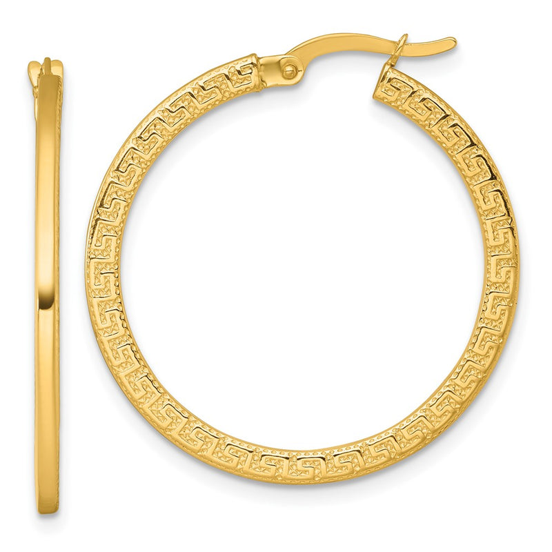14K Yellow Gold Polished 1.5 x 30mm Textured Greek Key Hoop Earrings