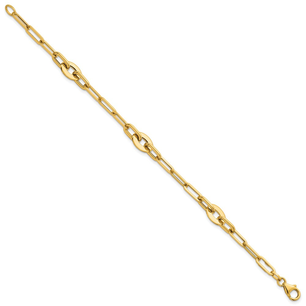 14K Yellow Gold Polished Flat Oval and Paperclip Link Chain Bracelet