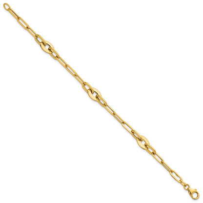 14K Yellow Gold Polished Flat Oval and Paperclip Link Chain Bracelet