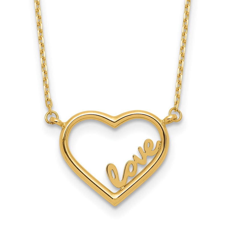 14K Yellow Gold Polished Open Heart with LOVE Inside 17 Inch Necklace Plus 0.5 Inch Extender