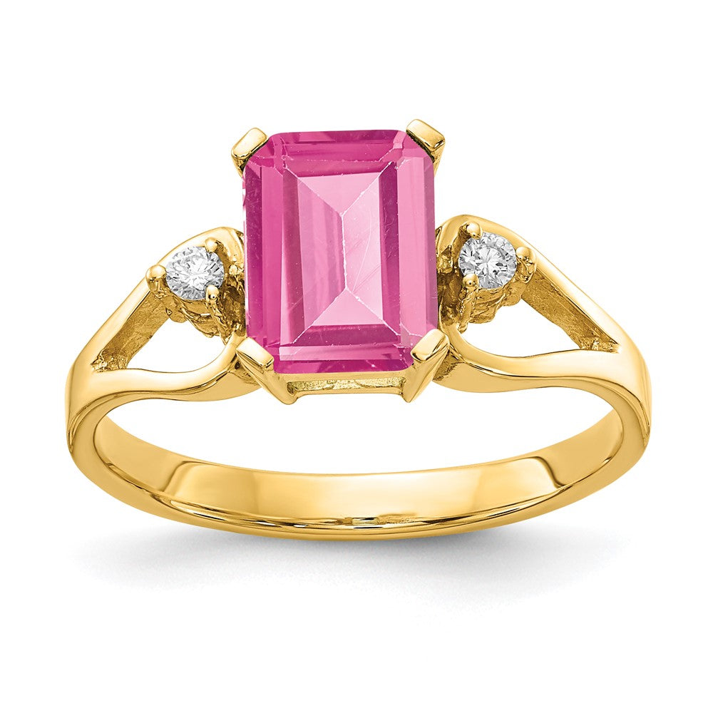 14K Yellow Gold 8x6mm Emerald Cut Pink Tourmaline AA Diamond ring