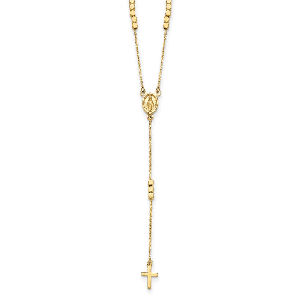 14K Yellow Gold Polished Miraculous Medal and Cross Rosary Design 17.75 Inch Y-Drop Necklace