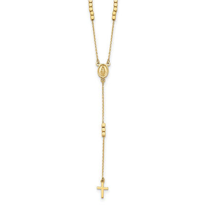 14K Yellow Gold Polished Miraculous Medal and Cross Rosary Design 17.75 Inch Y-Drop Necklace