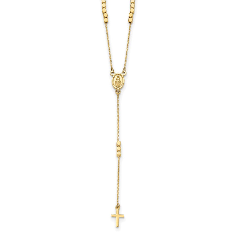 14K Yellow Gold Polished Miraculous Medal and Cross Rosary Design 17.75 Inch Y-Drop Necklace
