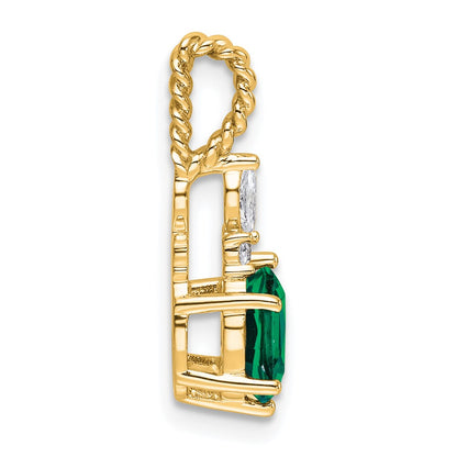 14K Yellow Gold Diamond and 7x5 Oval May/Lab Created Emerald Twisted Chain Slide