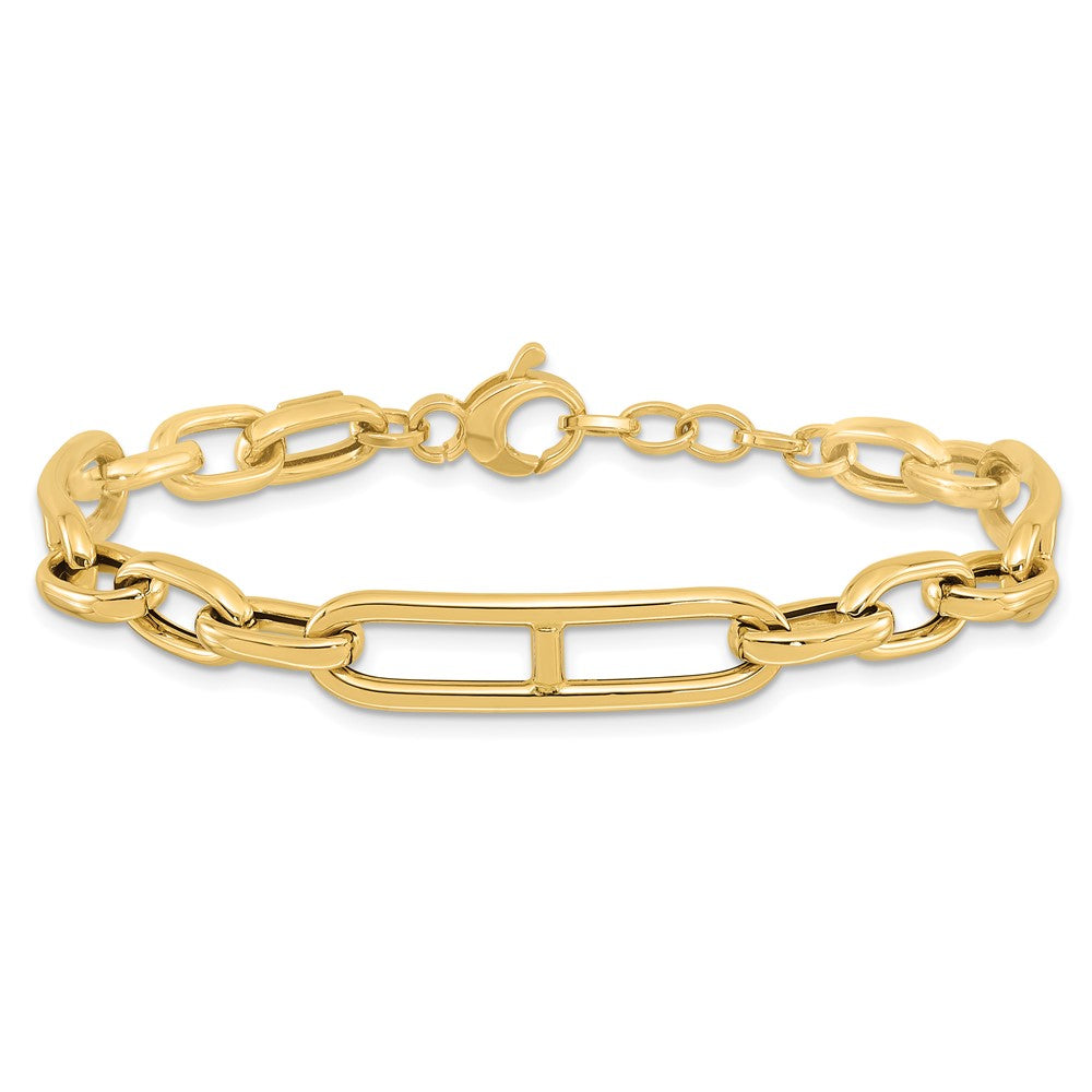 14K Yellow Gold Polished 7.4mm Fancy Paperclip Link Chain Bracelet Plus Extender