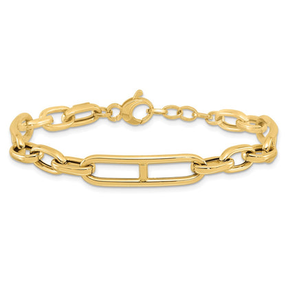 14K Yellow Gold Polished 7.4mm Fancy Paperclip Link Chain Bracelet Plus Extender
