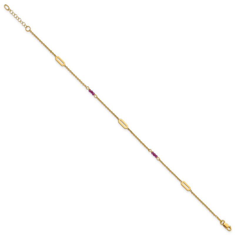 14K Yellow Gold Polished Red Corundum Beads and Ovals 9 Inch Plus 1 Inch Extender - Total 10 Inch Anklet