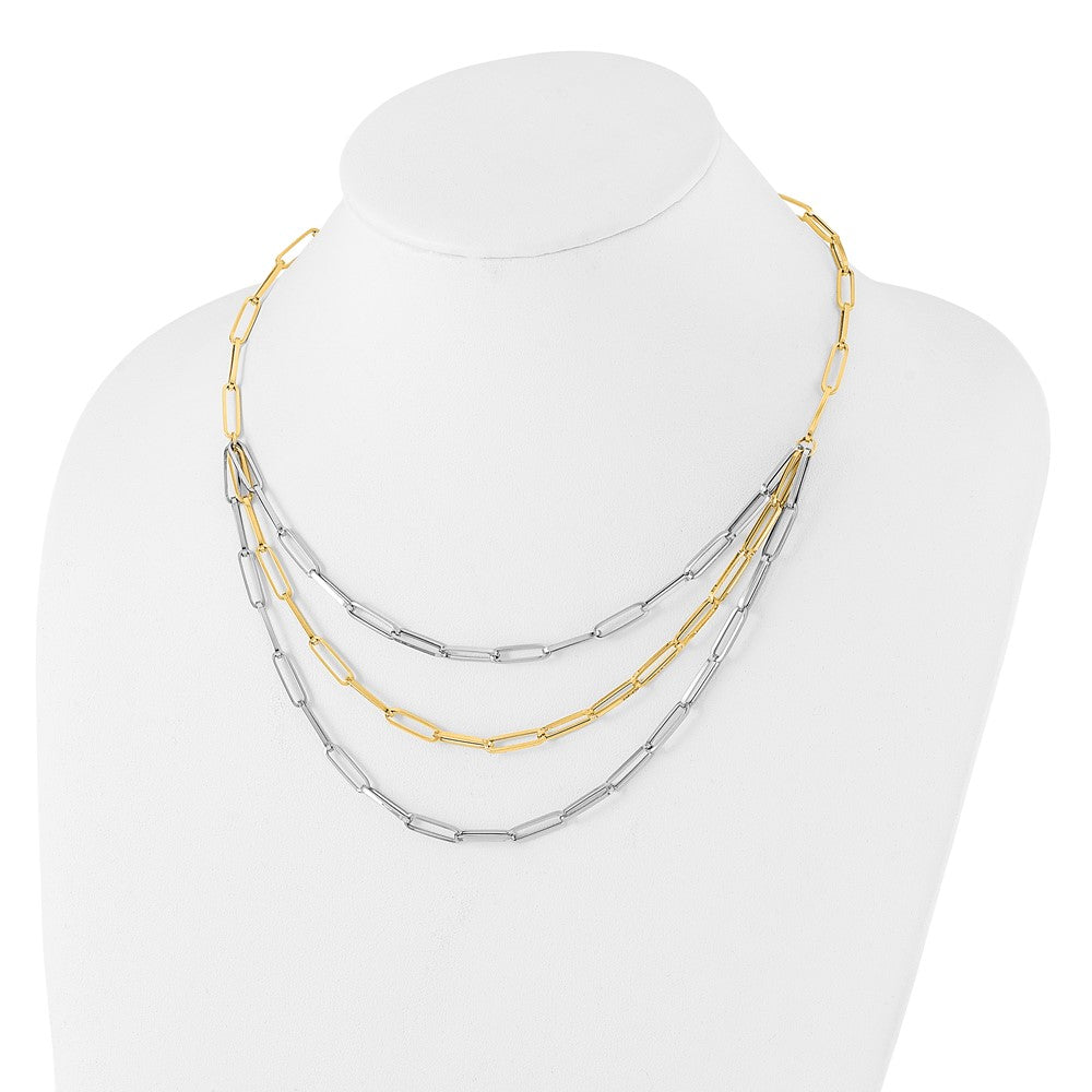 14K Two-Tone Gold Two-tone Polished Fancy Paperclip Link 3-Strand Bib 18.25 Inch Necklace