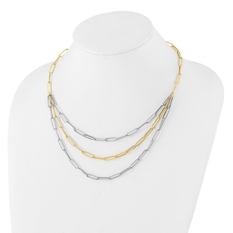 14K Two-Tone Gold Two-tone Polished Fancy Paperclip Link 3-Strand Bib 18.25 Inch Necklace