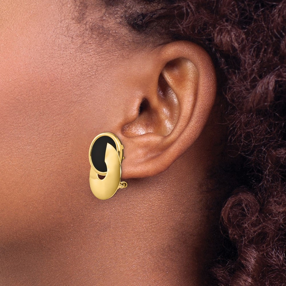 14K Yellow Gold Black Onyx Fancy Contemporary Omega Back Earrings
