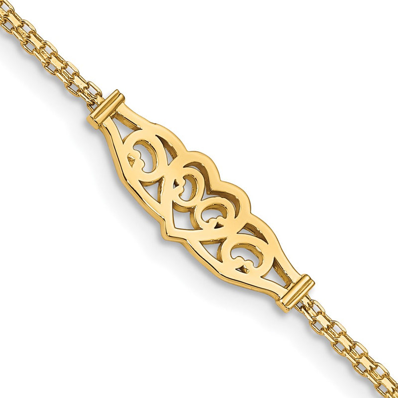 14K Yellow Gold Polished Filigree Heart and Bismark Chain Anklet
