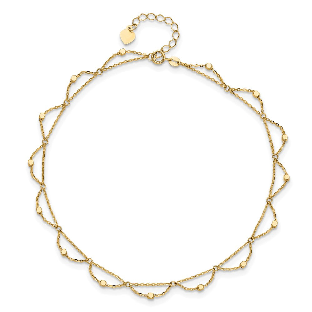14K Yellow Gold Diamond-cut Fancy Beaded Plus Extender Total Chain Anklet