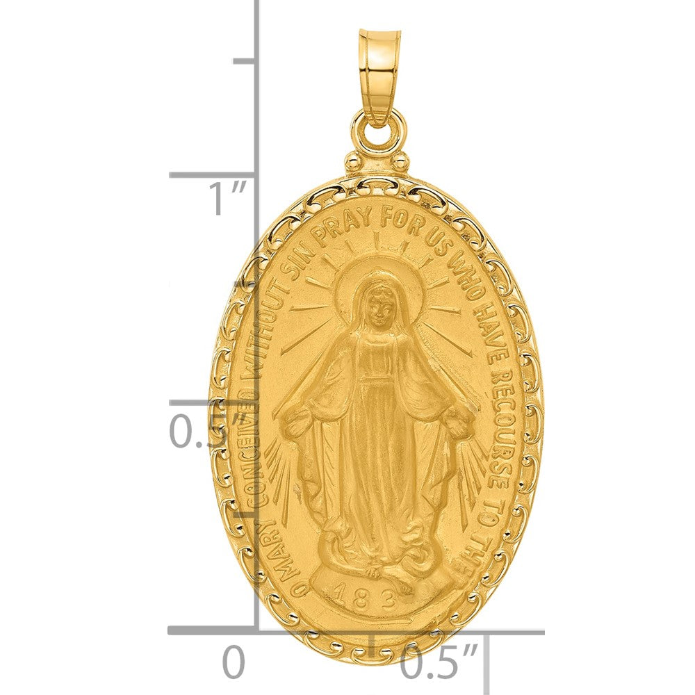 14K Yellow Gold Polished and Satin Solid Miraculous Medal Oval Pendant