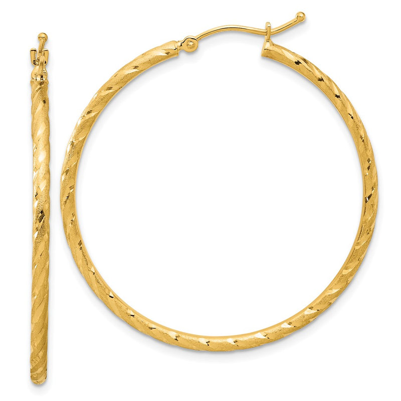 14K Yellow Gold 2.00x40mm Polished and Satin Diamond-cut Twist Tube Hoop Earrings