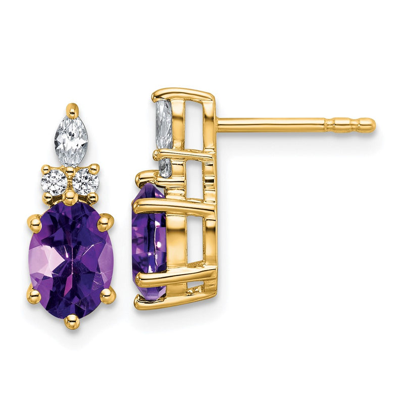 14K Yellow Gold Diamond and 7x5 Oval February/Amethyst Post Earrings