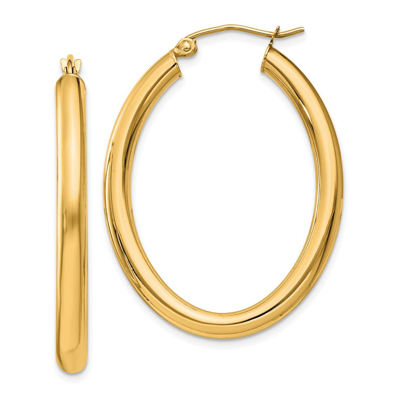 14K Yellow Gold 3.5x38mm Polished Oval Tube Hoop Earrings