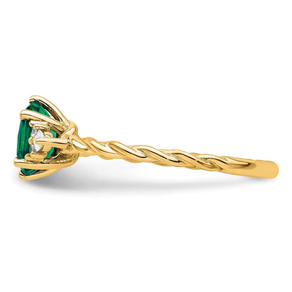14K Yellow Gold Diamond and 7x5 Oval May/Lab Created Emerald Size 7 Twisted Ring