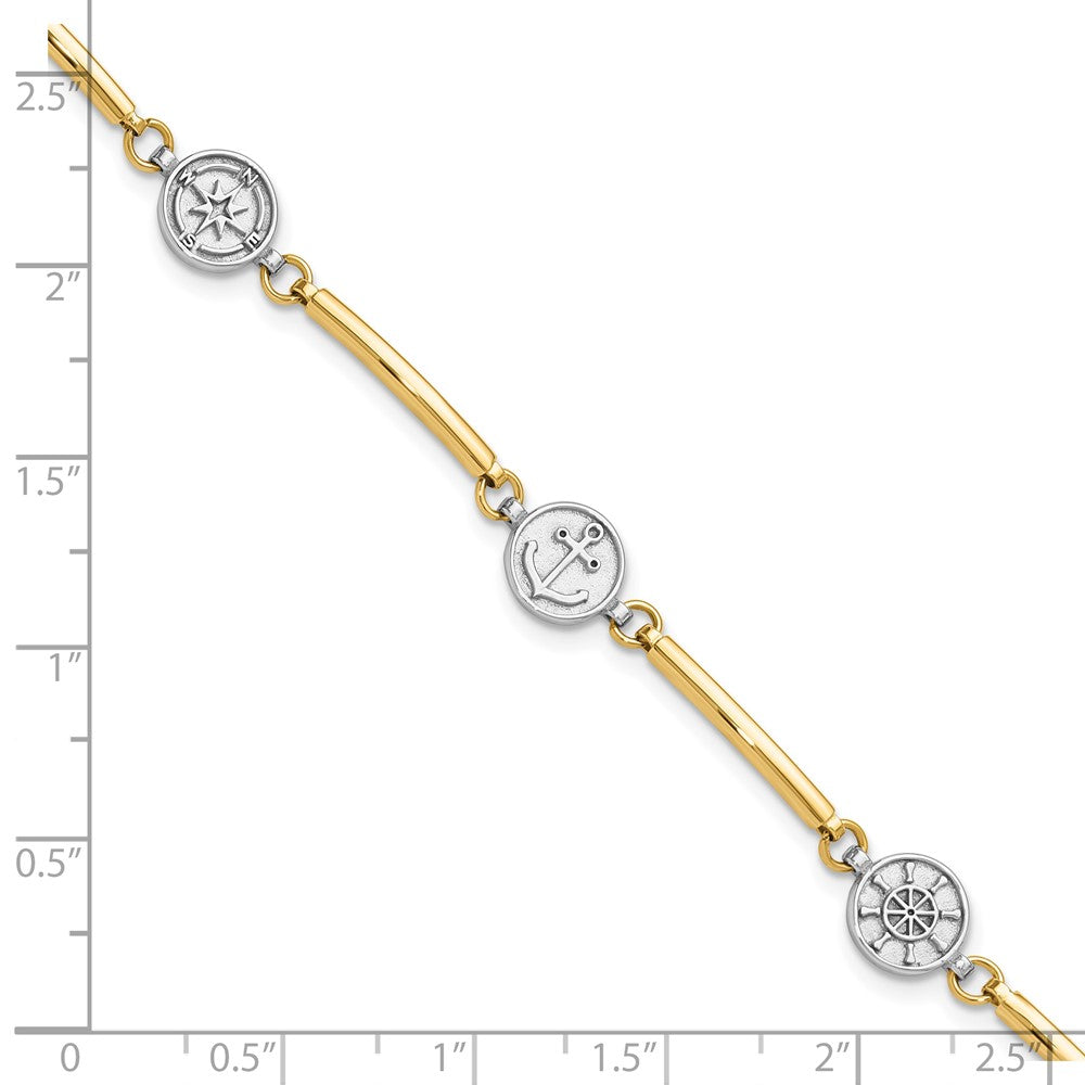14K Two-Tone Gold Two-tone Polished Compass/Anchor/Ships Wheel 7 Inch Bracelet Plus 1 Inch Extender