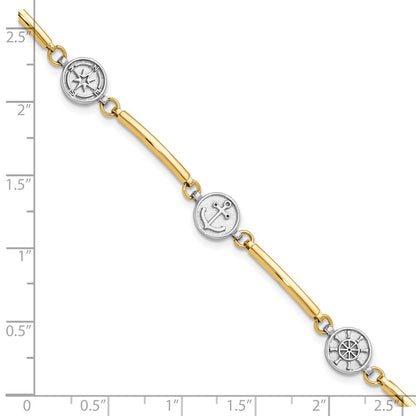 14K Two-Tone Gold Two-tone Polished Compass/Anchor/Ships Wheel 7 Inch Bracelet Plus 1 Inch Extender