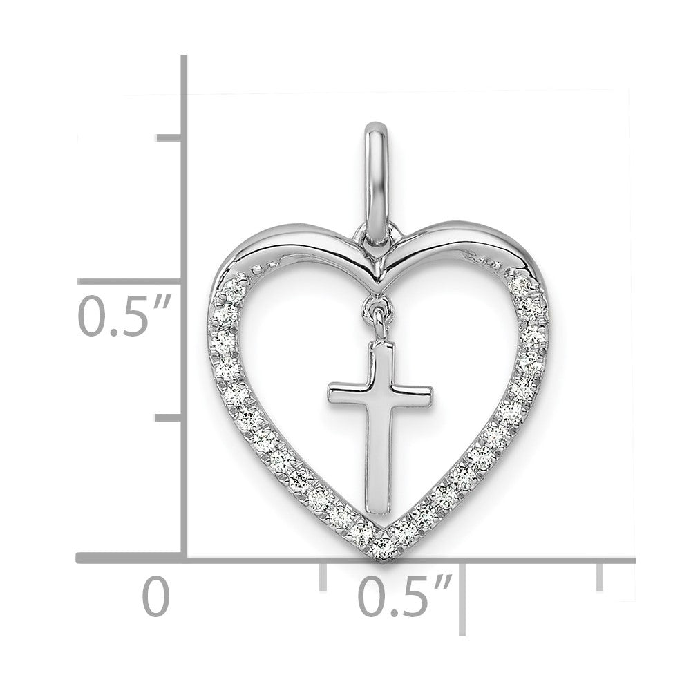 14K White Gold Polished 1/6 carat Diamond Heart Dangle Cross Pendant