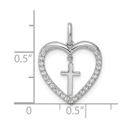 14K White Gold Polished 1/6 carat Diamond Heart Dangle Cross Pendant